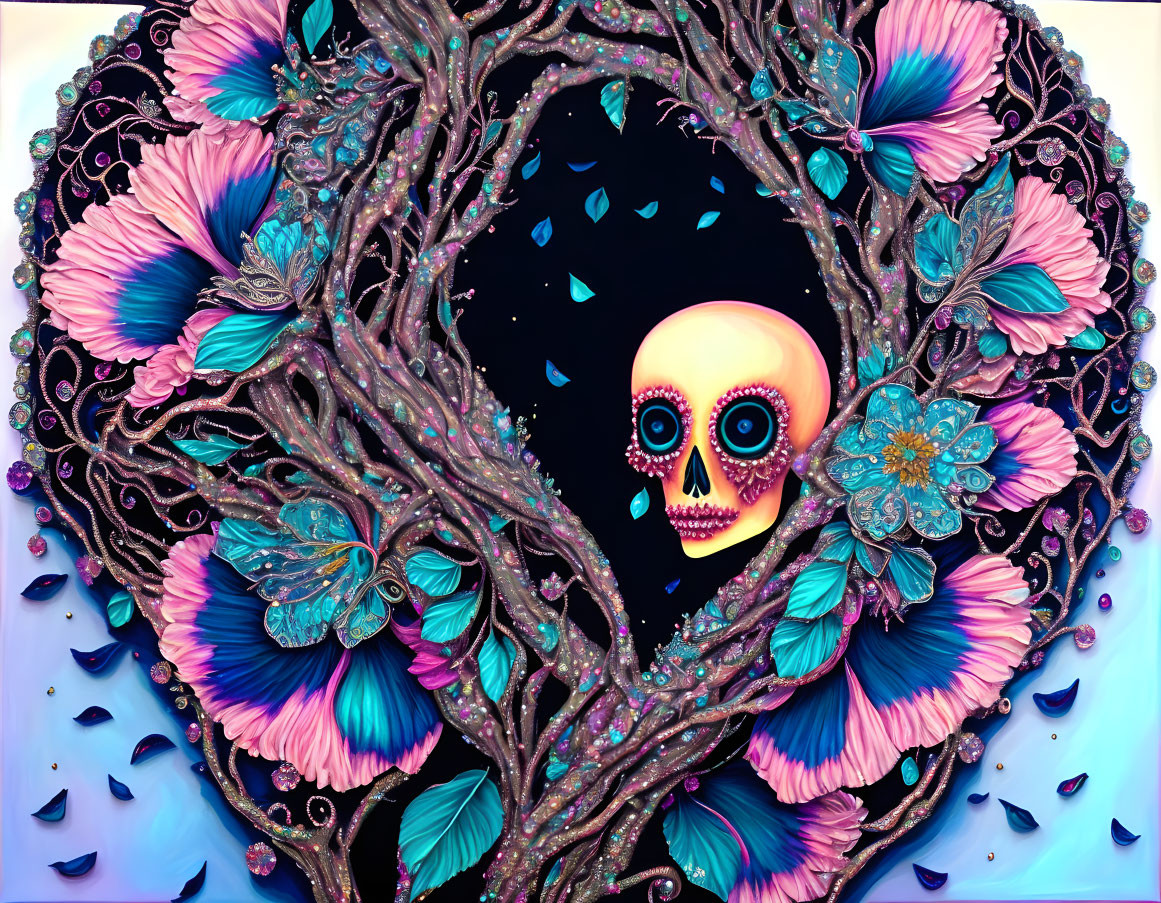 Colorful Skull Artwork with Heart-Shaped Floral Arrangement