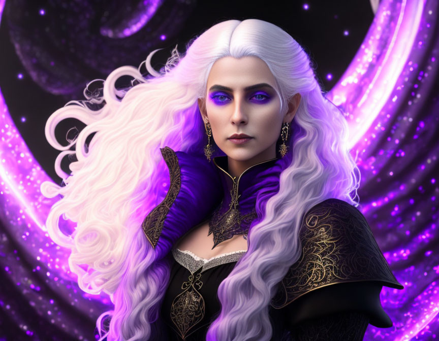 Fantasy woman with white hair and violet eyes in black and gold attire amidst cosmic stars