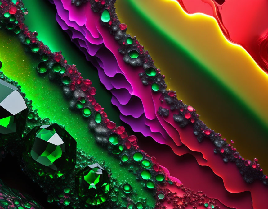 Vibrant green, red, and purple abstract digital art with bejeweled lines on dark