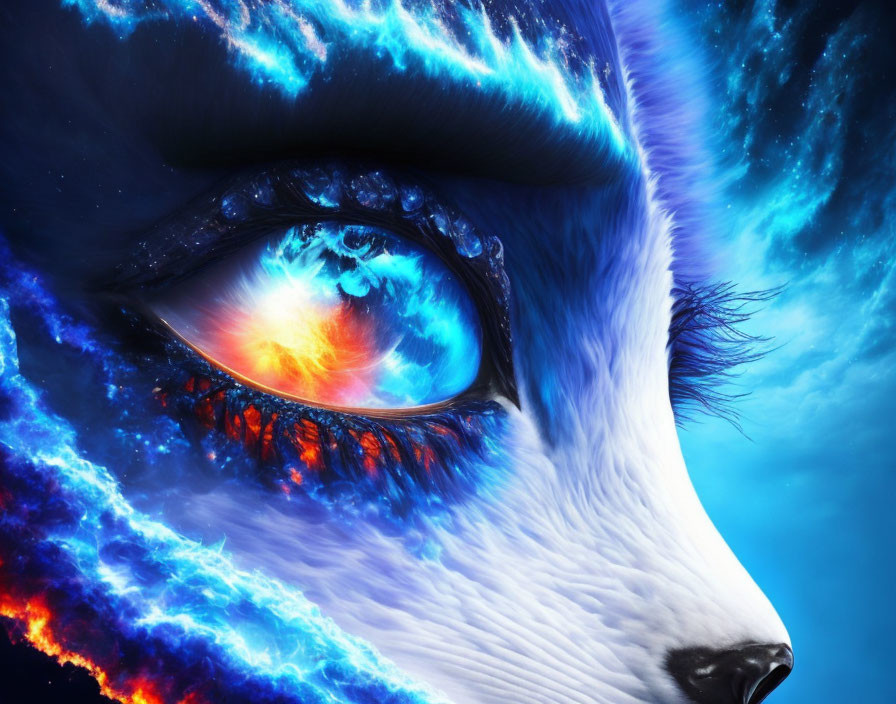 Eye Close-Up Artwork with Cosmic Fire and Ice Textures