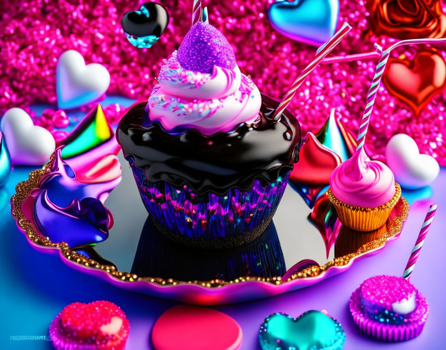 Assorted Sweets: Colorful Cupcakes, Candies, Heart Shapes, Glittery Text