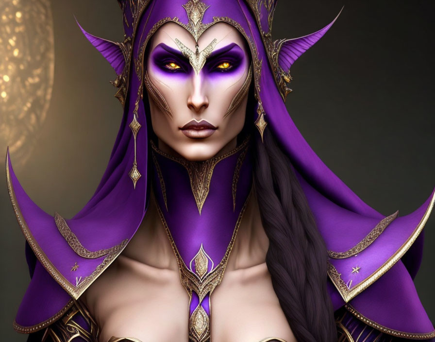 Purple-skinned fantasy character with golden eyes, ornate armor, and pointed ears