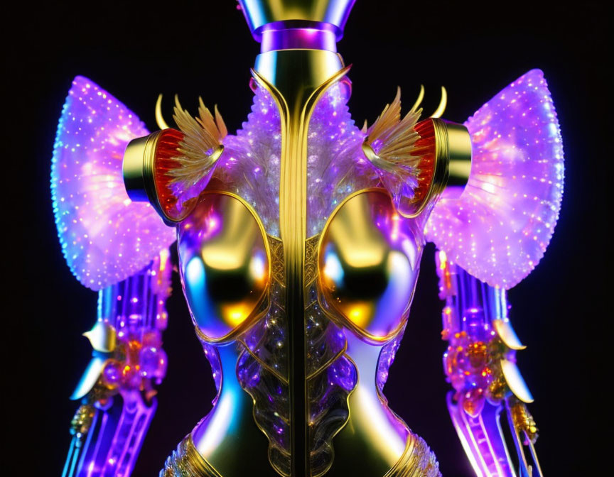 Futuristic mannequin with illuminated butterfly wings and gold details