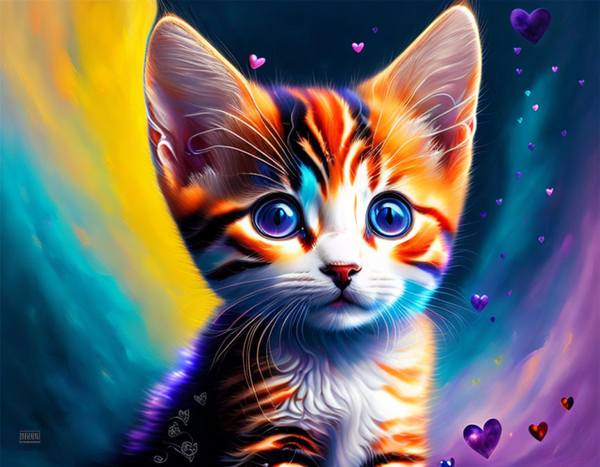 Colorful digital artwork: Adorable kitten with blue eyes in heart-shaped bubbles on blue and yellow backdrop