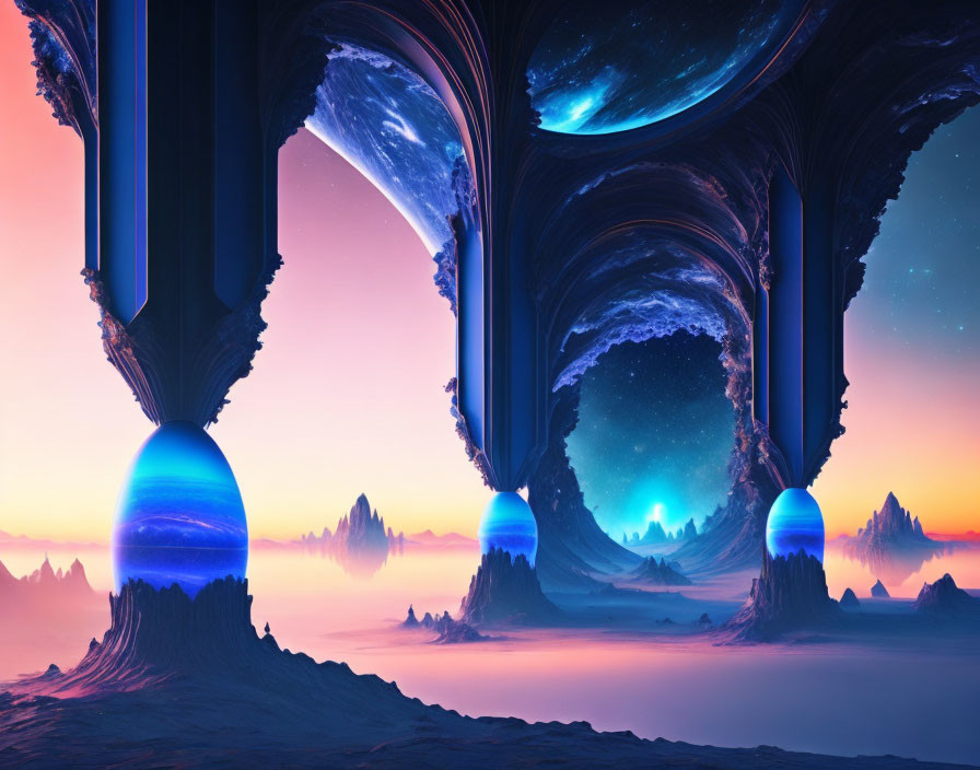 Alien landscape with massive arches and glowing orbs