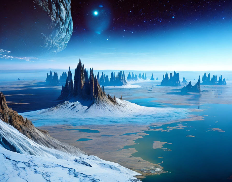 Alien landscape with rock formations, ice, water, and starry sky.