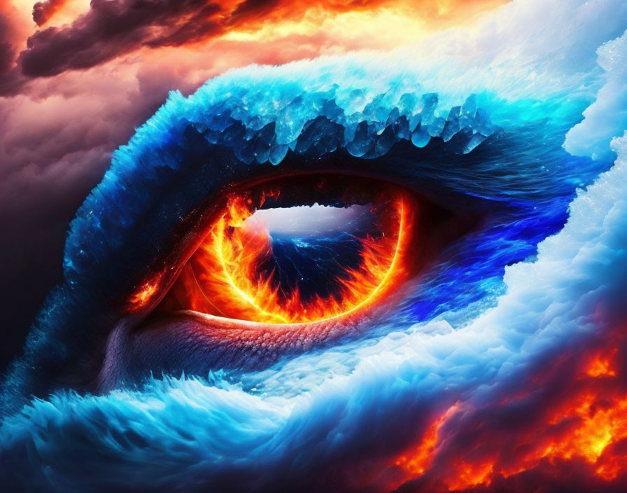 Digital artwork of a fiery orange iris in a human eye surrounded by blue and red cloud textures