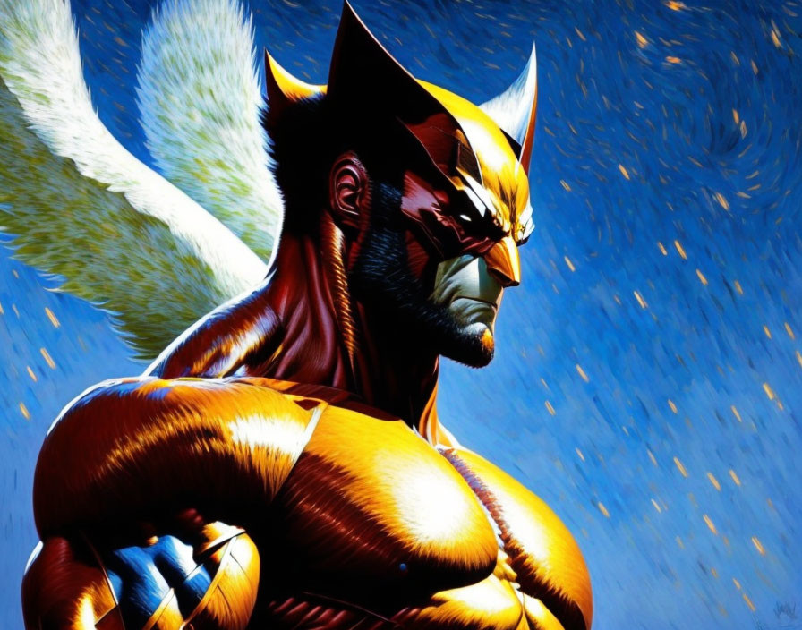 Muscular superhero with wings in yellow and blue suit with claws and pointed ears