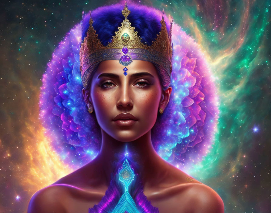 Regal figure with jeweled crown in cosmic backdrop.