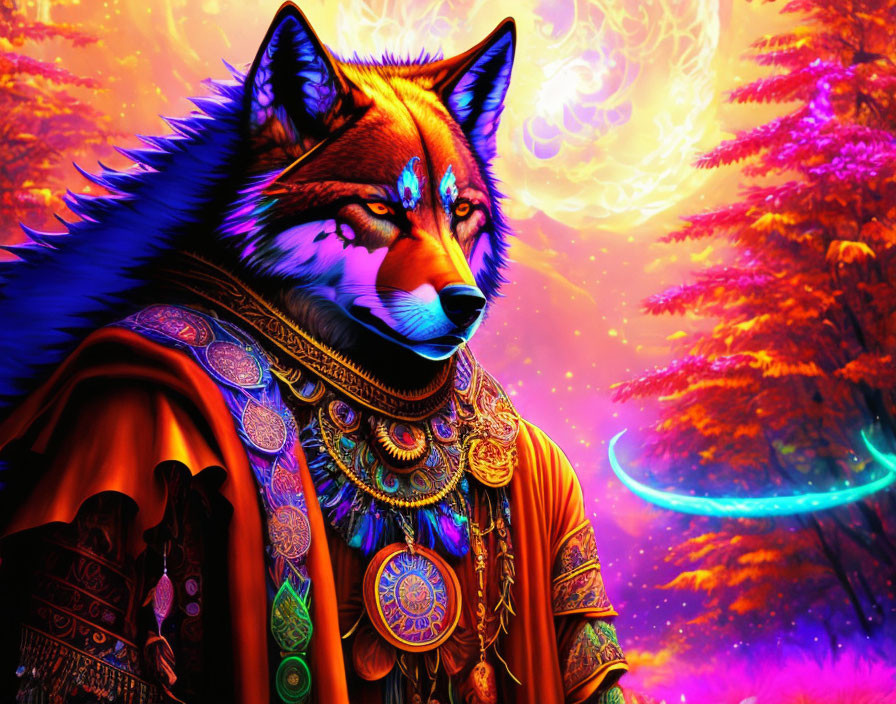 Anthropomorphic wolf in ornate attire on vibrant purple and orange backdrop.