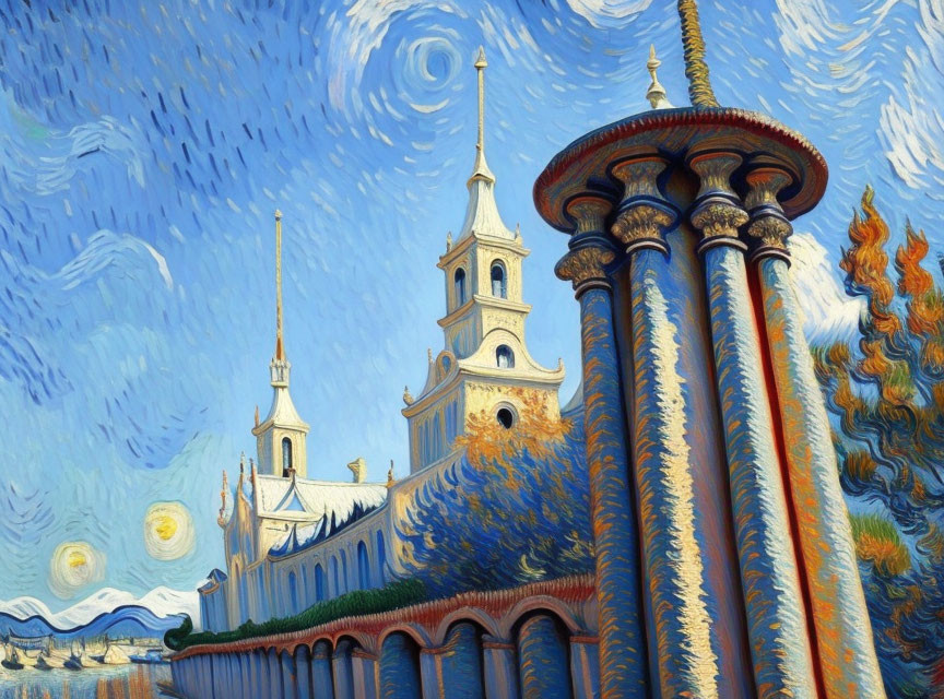 White Church with Spires and Swirling Sky Next to Flame-like Pillars