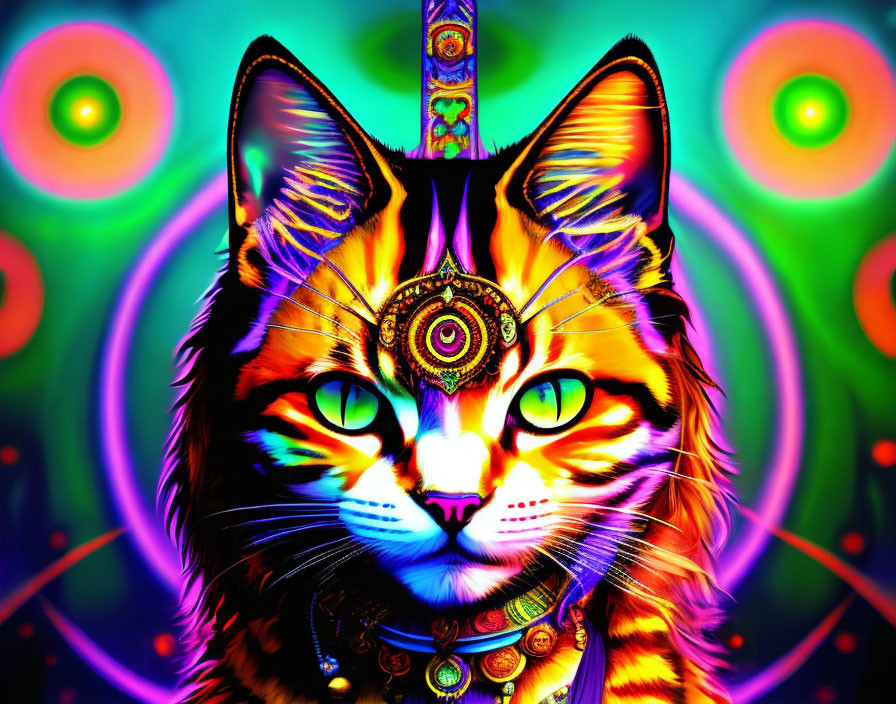 Colorful Psychedelic Cat Illustration with Kaleidoscopic Background