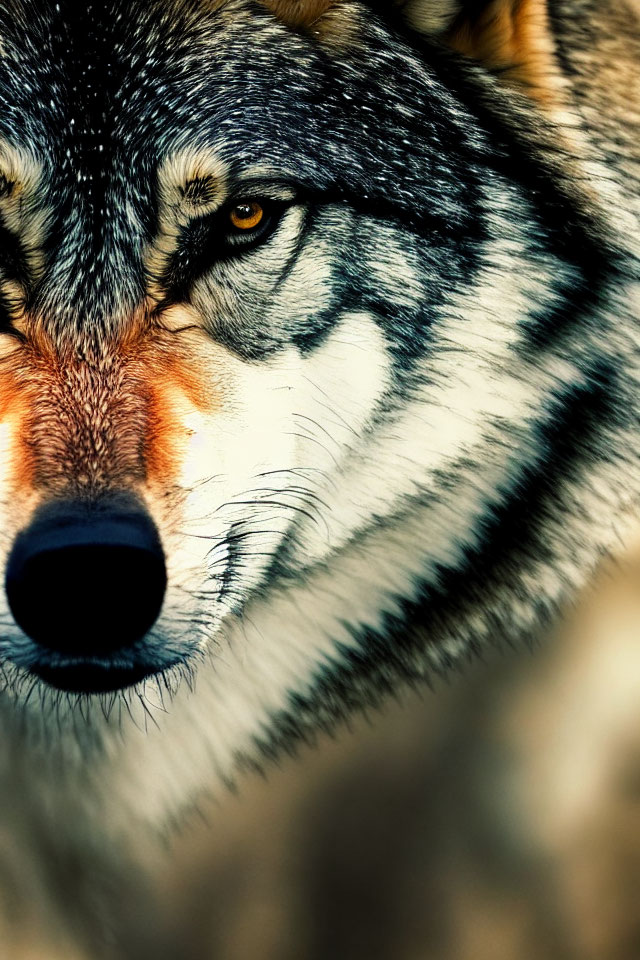 Detailed Close-Up of Intense-Eyed Wolf with Natural Fur Patterns