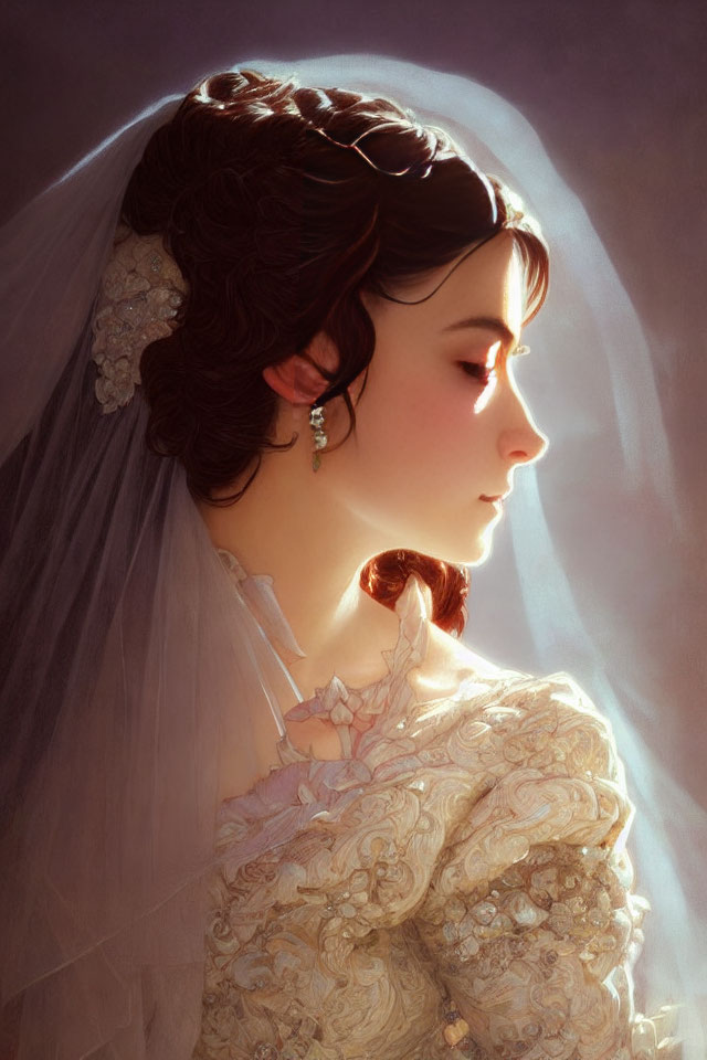 Illustrated bride in profile with lace veil and ornate dress.