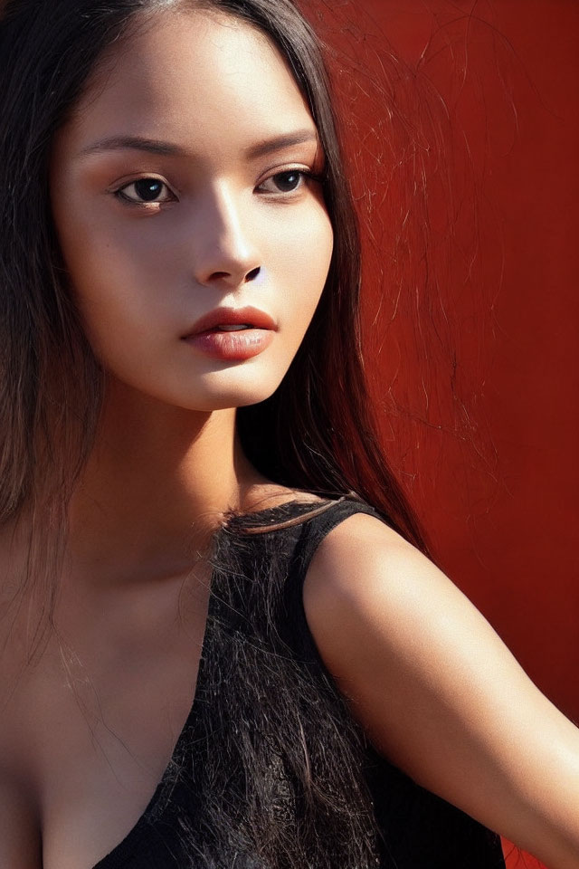 Young woman's close-up portrait with dark hair and thoughtful expression on red background