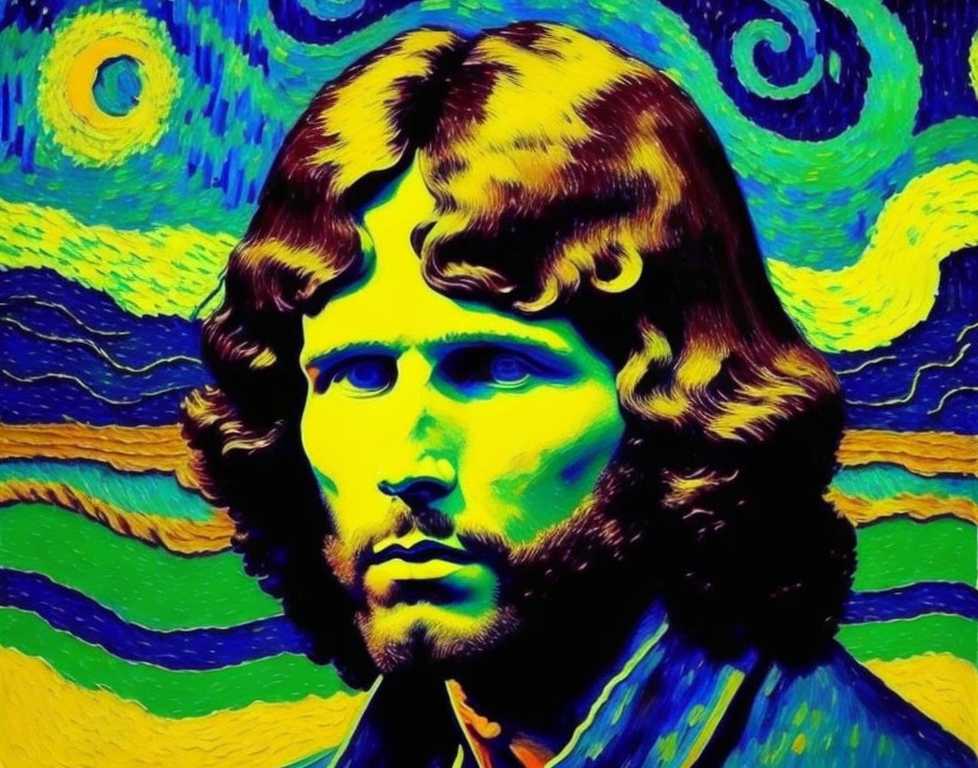 Vibrant portrait of a man with wavy hair in psychedelic style