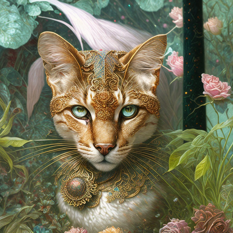 Detailed fantasy illustration: Majestic cat with golden headpiece and jewelry in lush floral backdrop