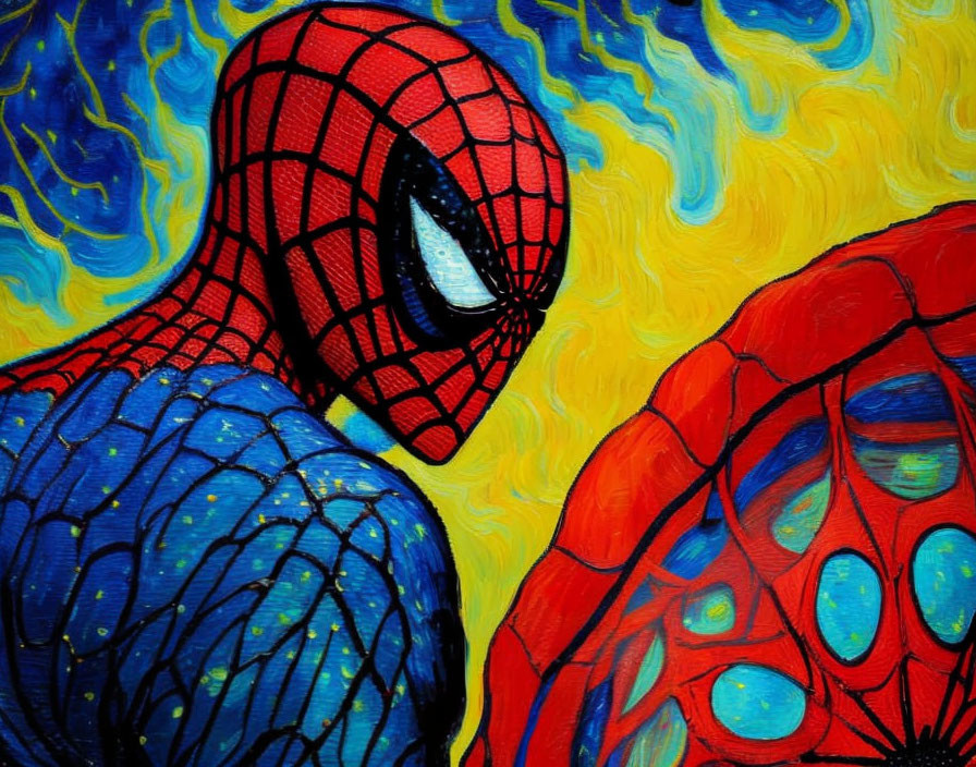 Colorful Spider-Man painting with head and shoulder detail on swirling background