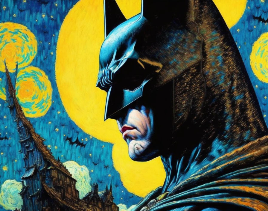 Batman with Van Gogh-inspired starry night background in vibrant blue and yellow tones