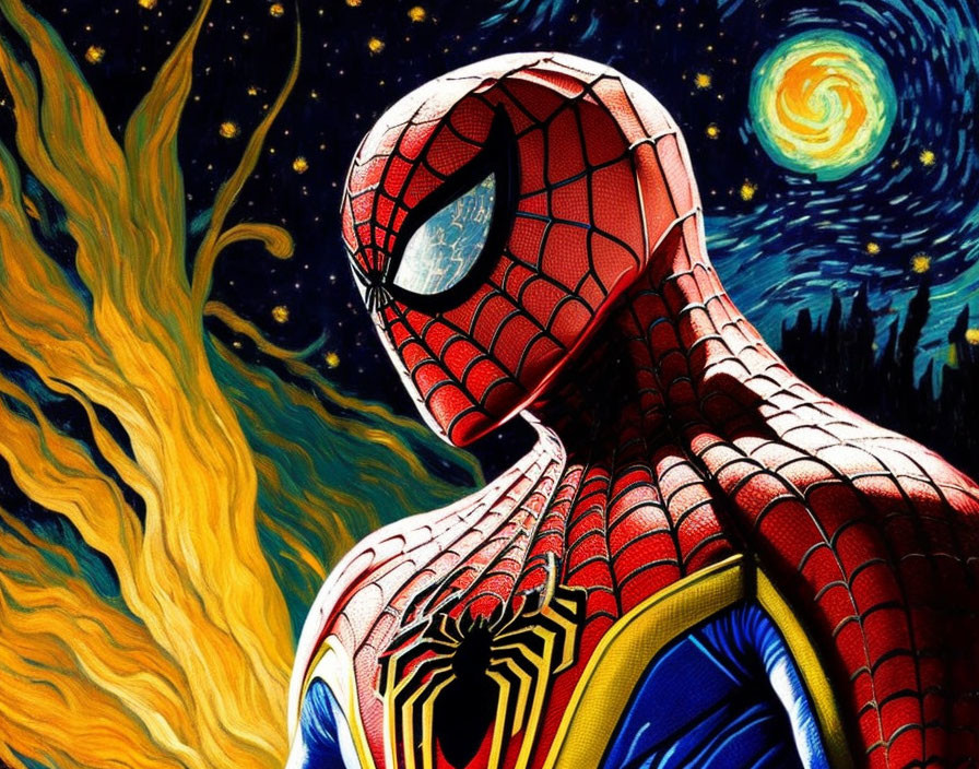 Spider-Man illustration with cosmic Van Gogh-inspired background