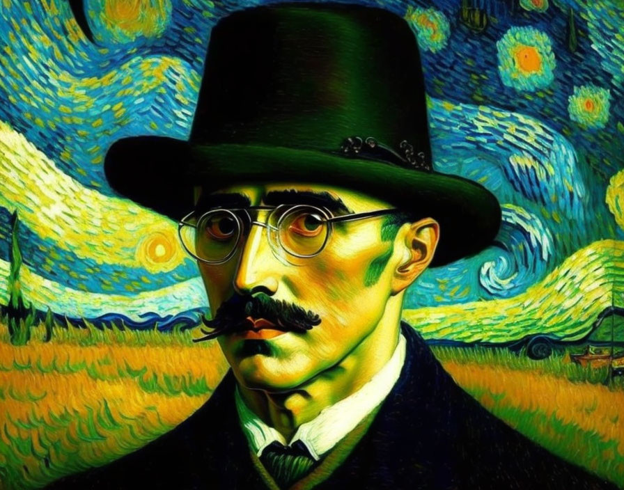 Man with Top Hat and Round Glasses in Van Gogh Style Portrait