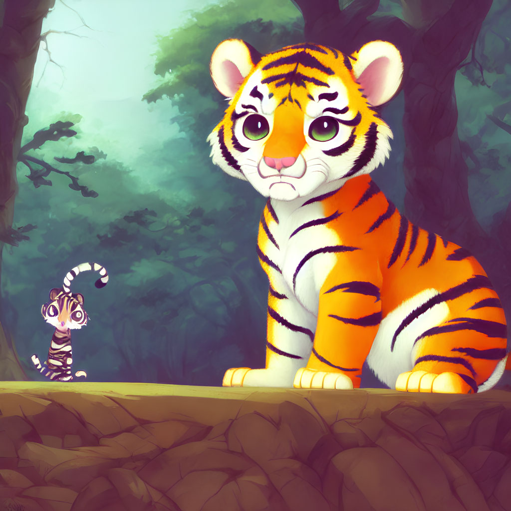 Illustration of cute tiger cub in forest with striped creature