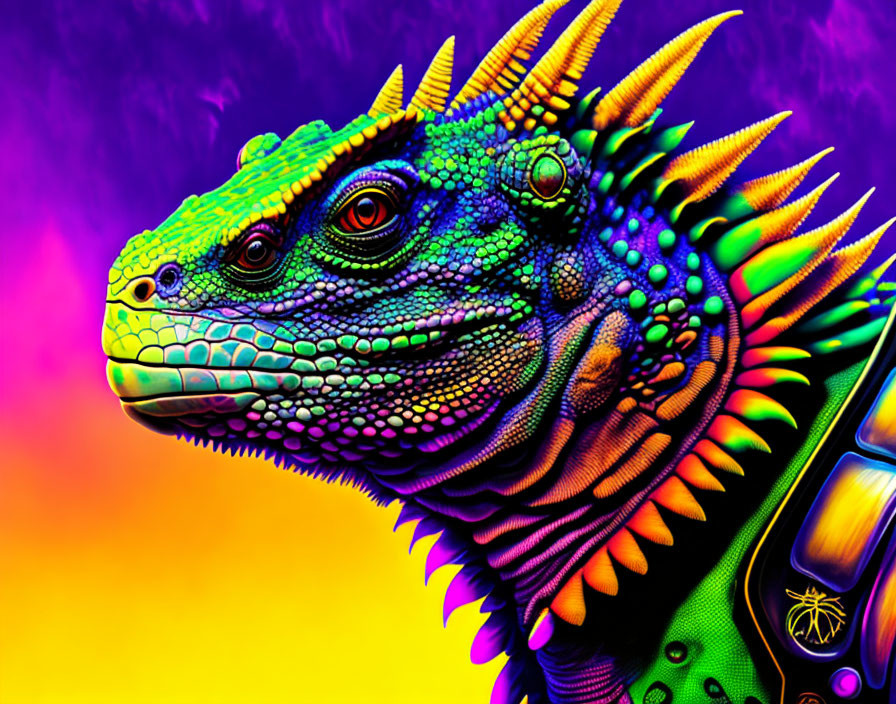 Colorful iguana digital art with neon hues on psychedelic background