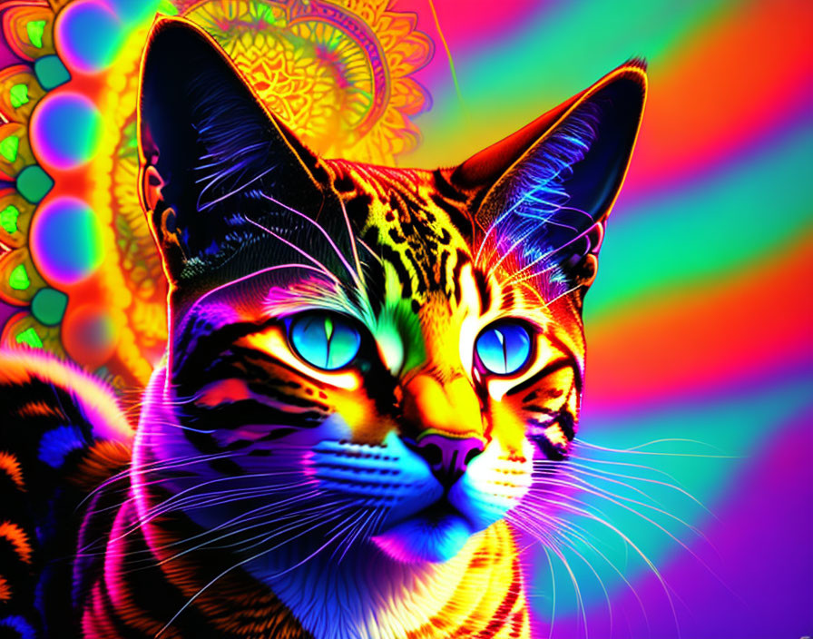 Colorful Digital Artwork of Cat with Blue Eyes on Psychedelic Rainbow Background