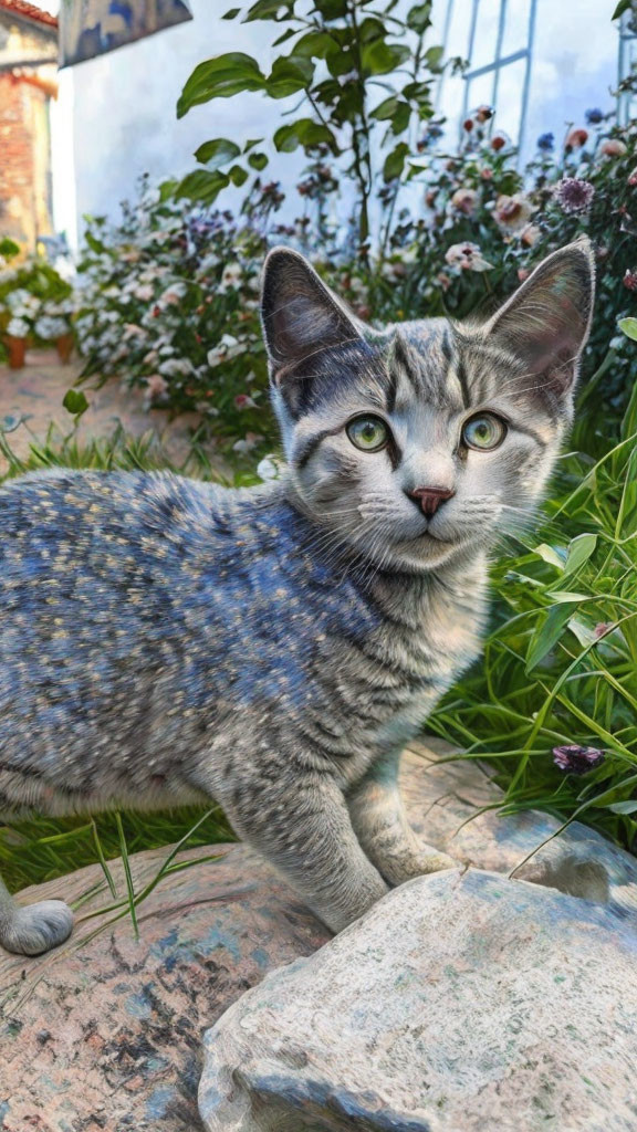 Gray Tabby Cat with Green Eyes Amongst Garden Plants