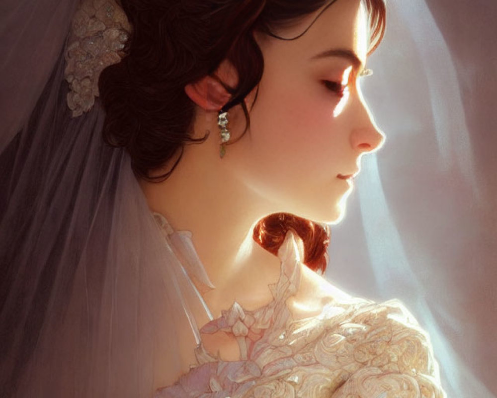 Illustrated bride in profile with lace veil and ornate dress.