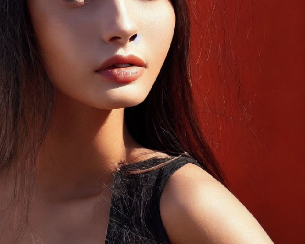 Young woman's close-up portrait with dark hair and thoughtful expression on red background