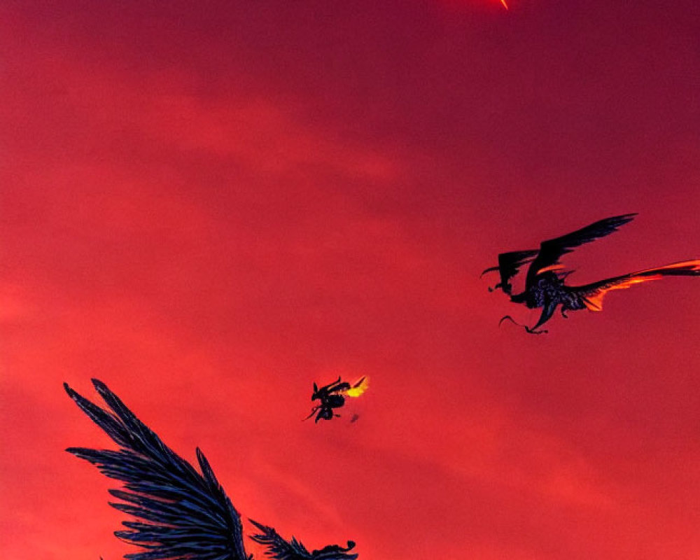 Mythical dragon-like creatures with riders soar over twilight mountains