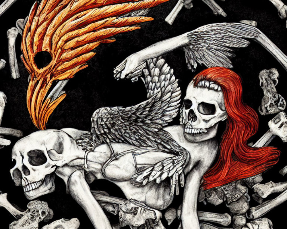 Colorful Skeleton with Red Hair and Flaming Wing Among Bones