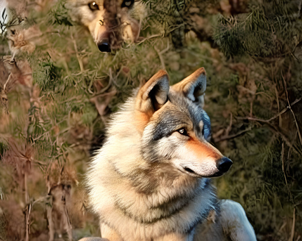 Two wolves in different poses depicted in the image.