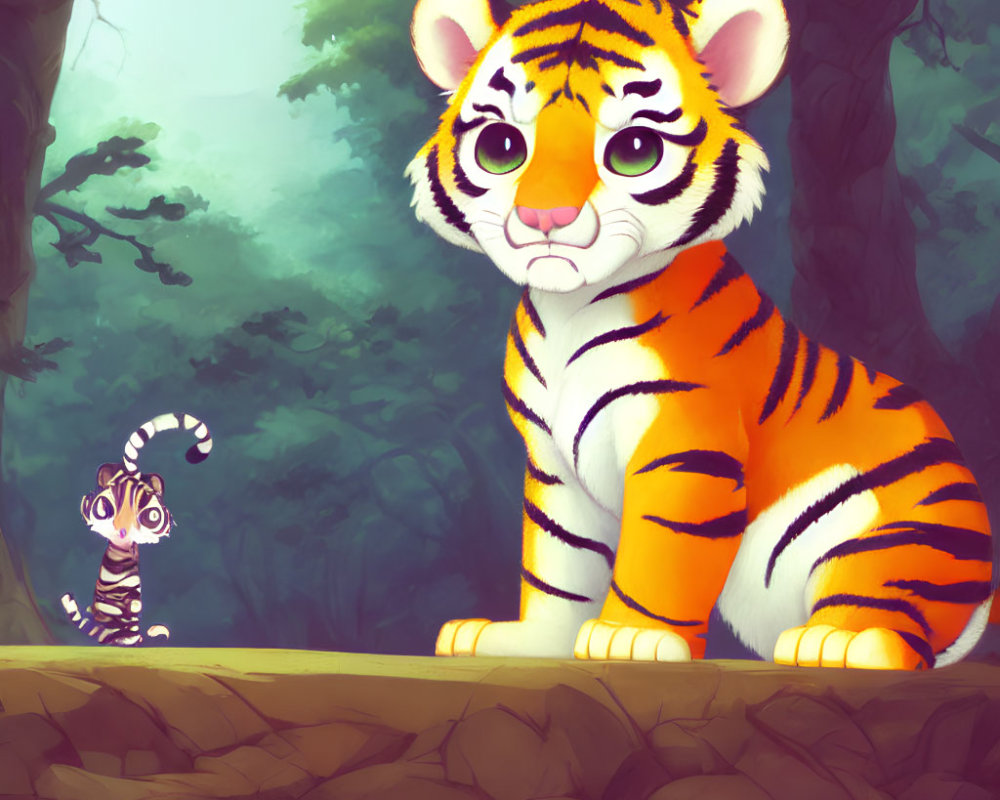 Illustration of cute tiger cub in forest with striped creature