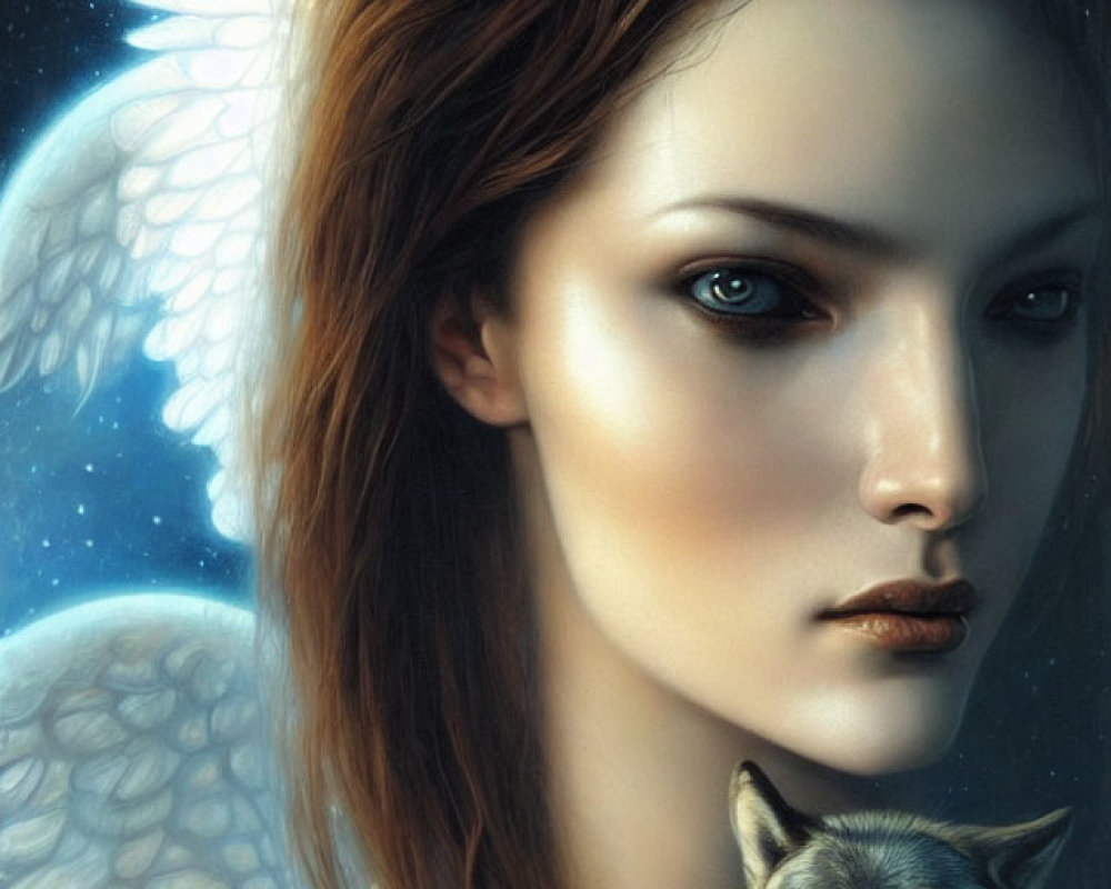 Digital painting of woman with angelic wings, wolf, and fox in mystical setting