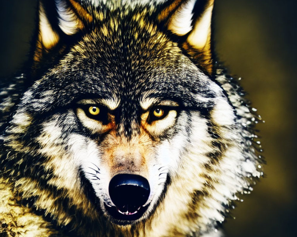 Detailed close-up of a wolf's intense eyes against dark background