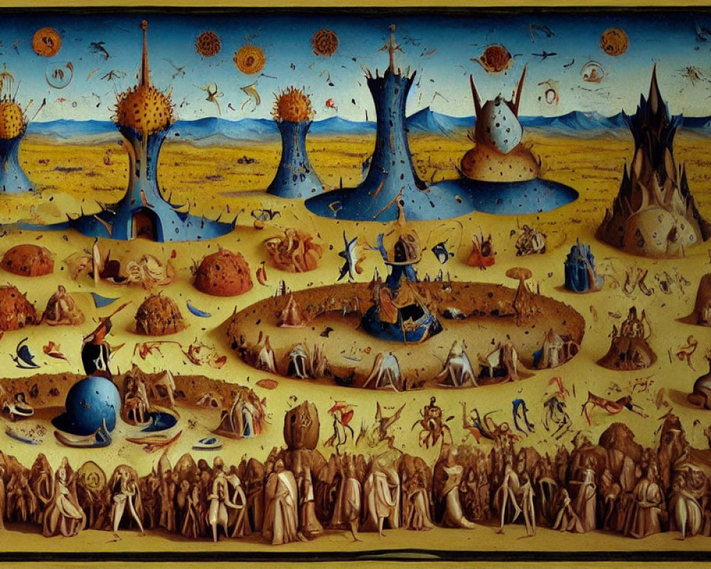 Distorted surreal landscape with chaotic figures on ochre background