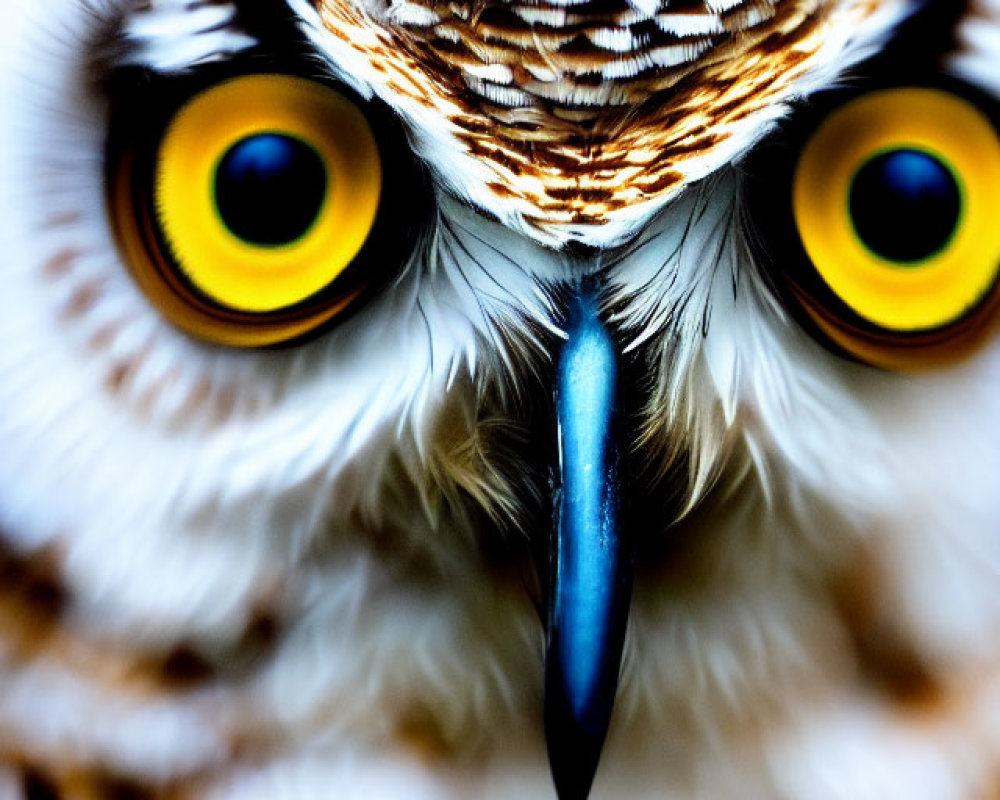 Detailed Owl Face with Intense Yellow Eyes and Plumage Patterns