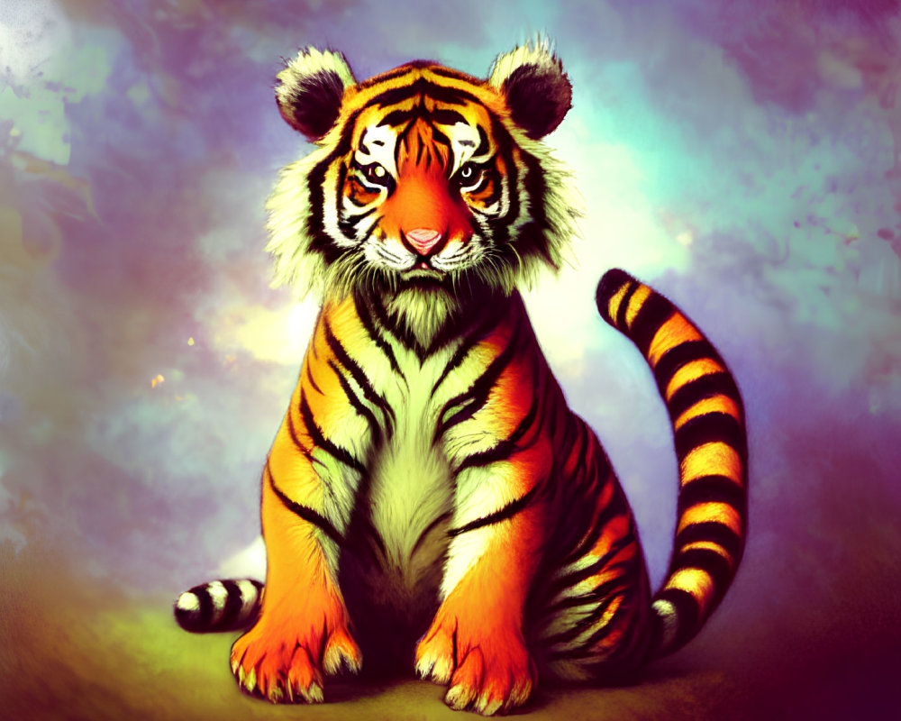 Whimsical young tiger with large expressive eyes on vibrant background