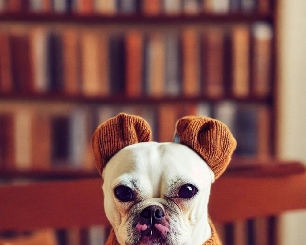 Digitally altered dog with human-like face in brown sweater by bookshelf