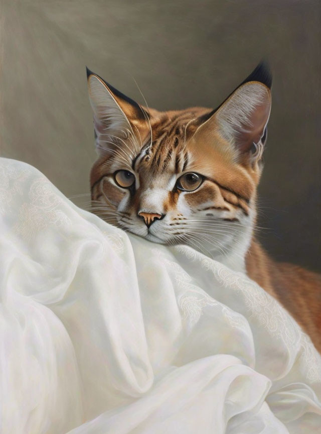 Realistic painting of a cat with prominent ears and striped fur peeking over white draped fabric with lace