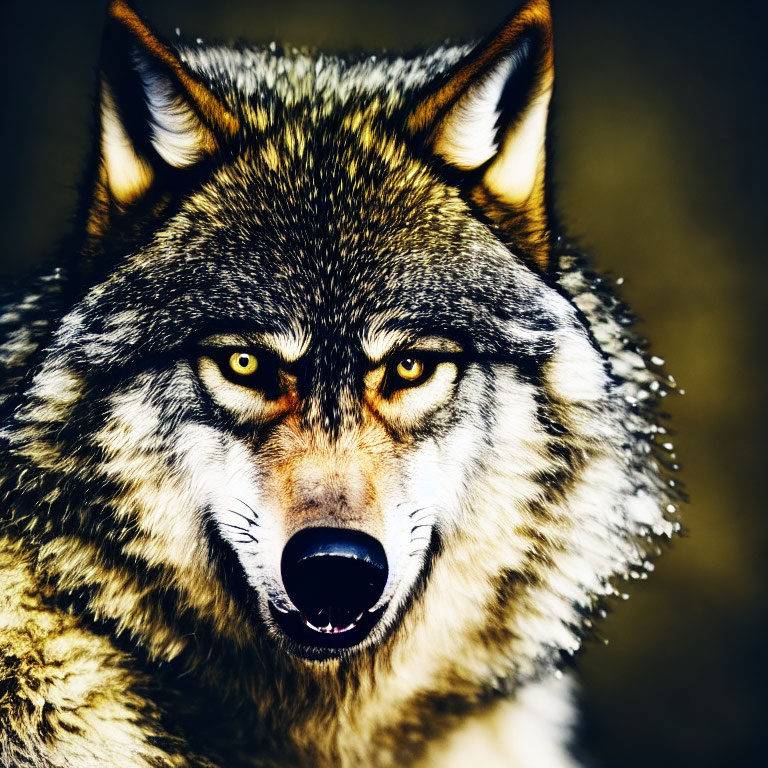 Detailed close-up of a wolf's intense eyes against dark background