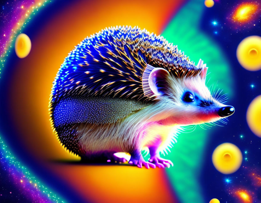 Colorful Hedgehog with Neon Blue Spines on Psychedelic Background