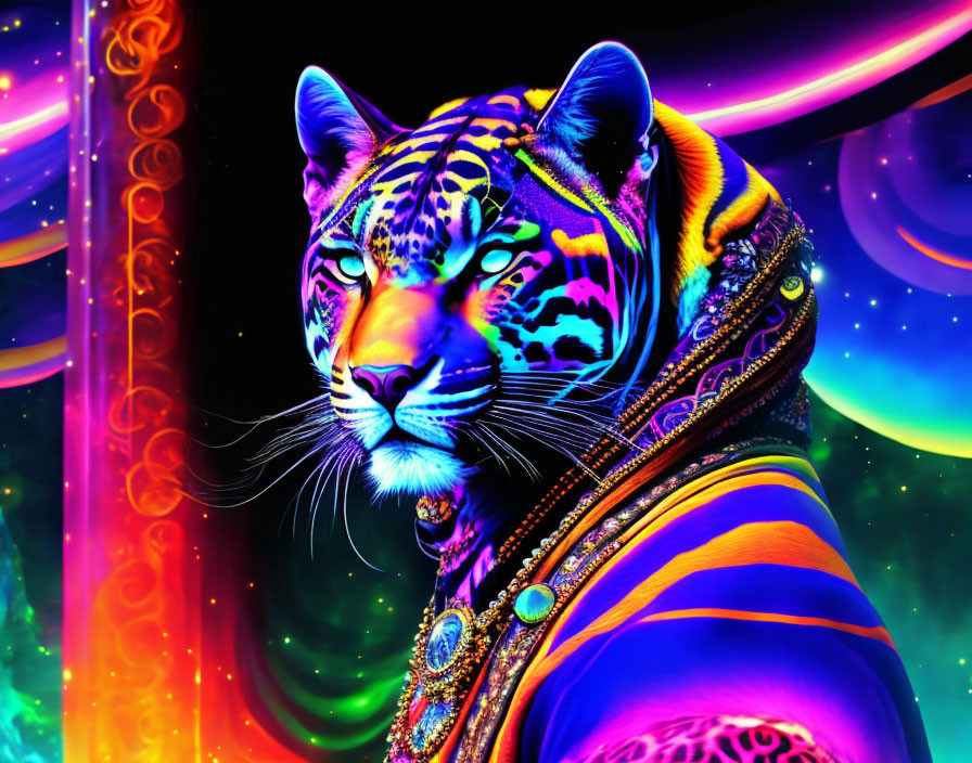 Majestic tiger with intricate patterns in vibrant neon colors