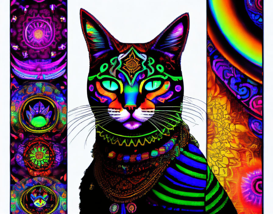 Colorful Neon Cat Artwork with Intricate Patterns and Pillars