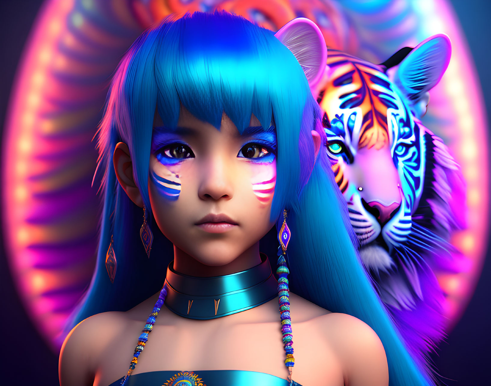 Digital Artwork: Girl with Blue Hair and Tribal Markings Next to Vibrant Tiger and Psyched