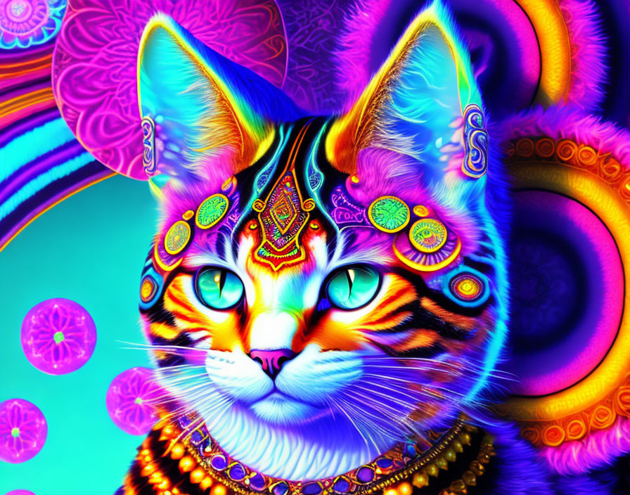 Colorful Digital Artwork: Intricate Cat Design with Psychedelic Patterns