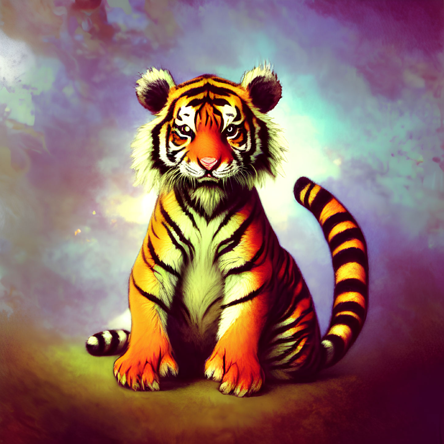 Whimsical young tiger with large expressive eyes on vibrant background