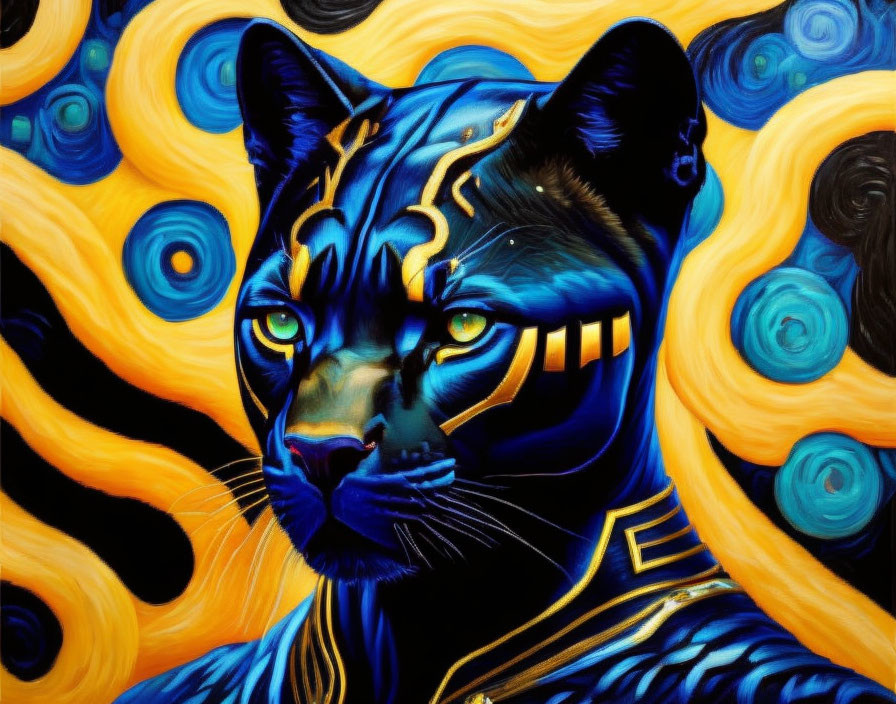 Blue panther with yellow accents on swirling background like "Starry Night